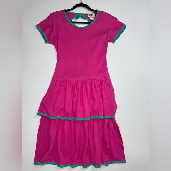 VTG 80’s Lanz Hot Pink Drop Waist Ruffle Jersey Dress - Picture 1 of 9